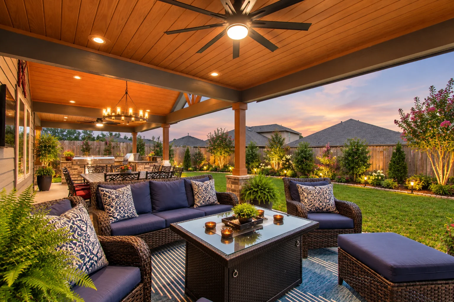 Covered outdoor living area overlooking a professionally landscaped North Houston backyard at sunset
