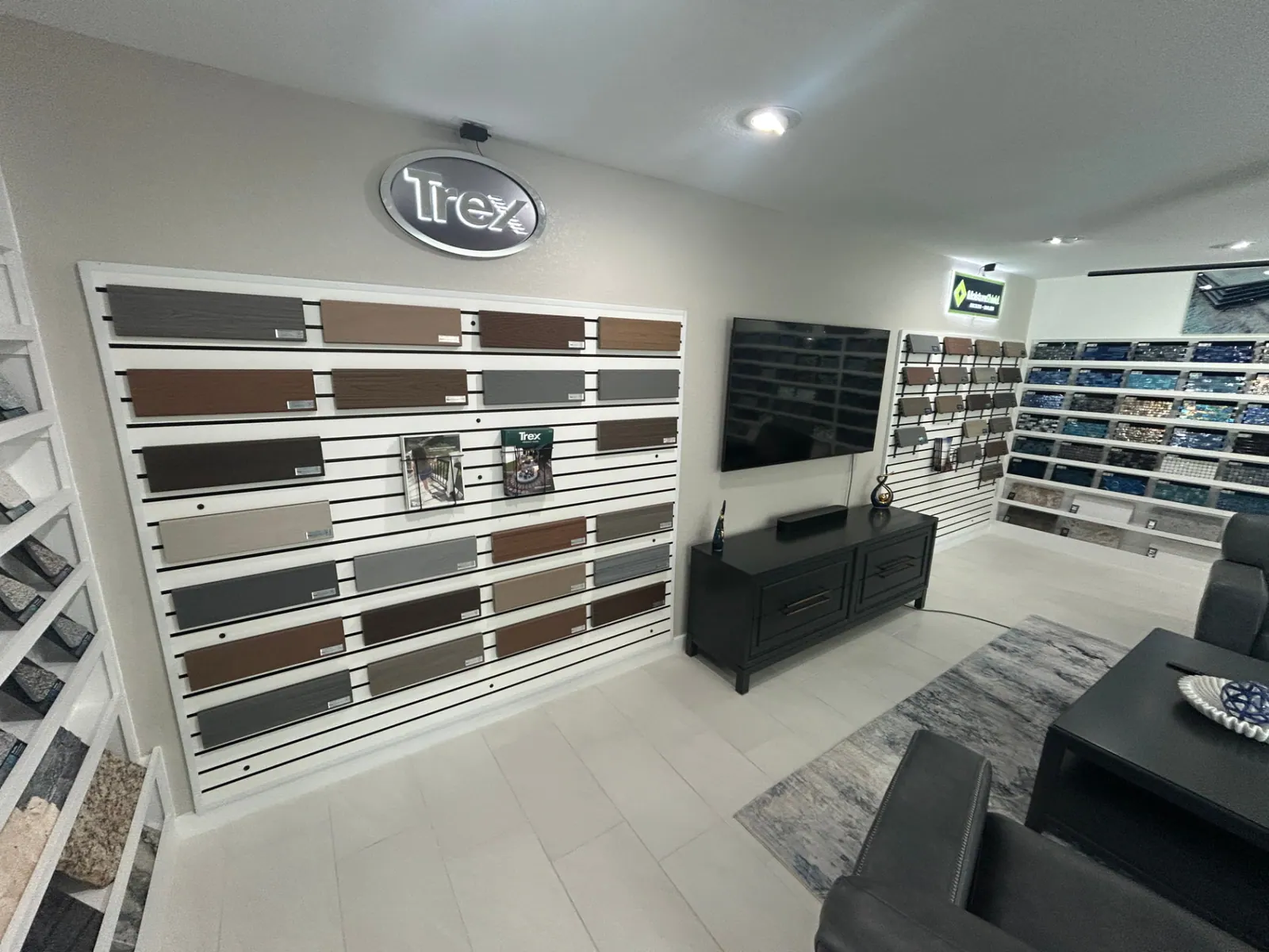 Trex composite decking sample wall inside the Design Center showroom