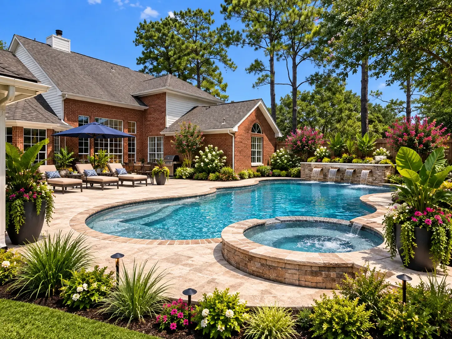 Inviting backyard pool, patio and landscaping in a completed outdoor living environment