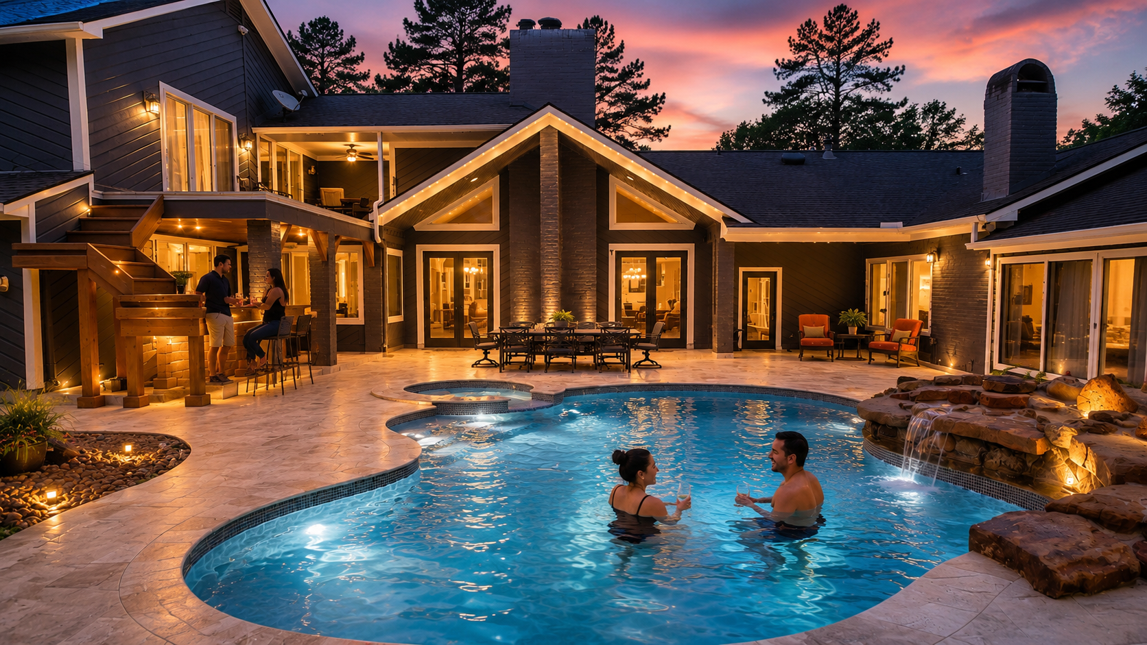 Luxury custom backyard at sunset with a glowing pool, integrated spa, waterfall feature, outdoor kitchen bar, dining area, and covered patio
