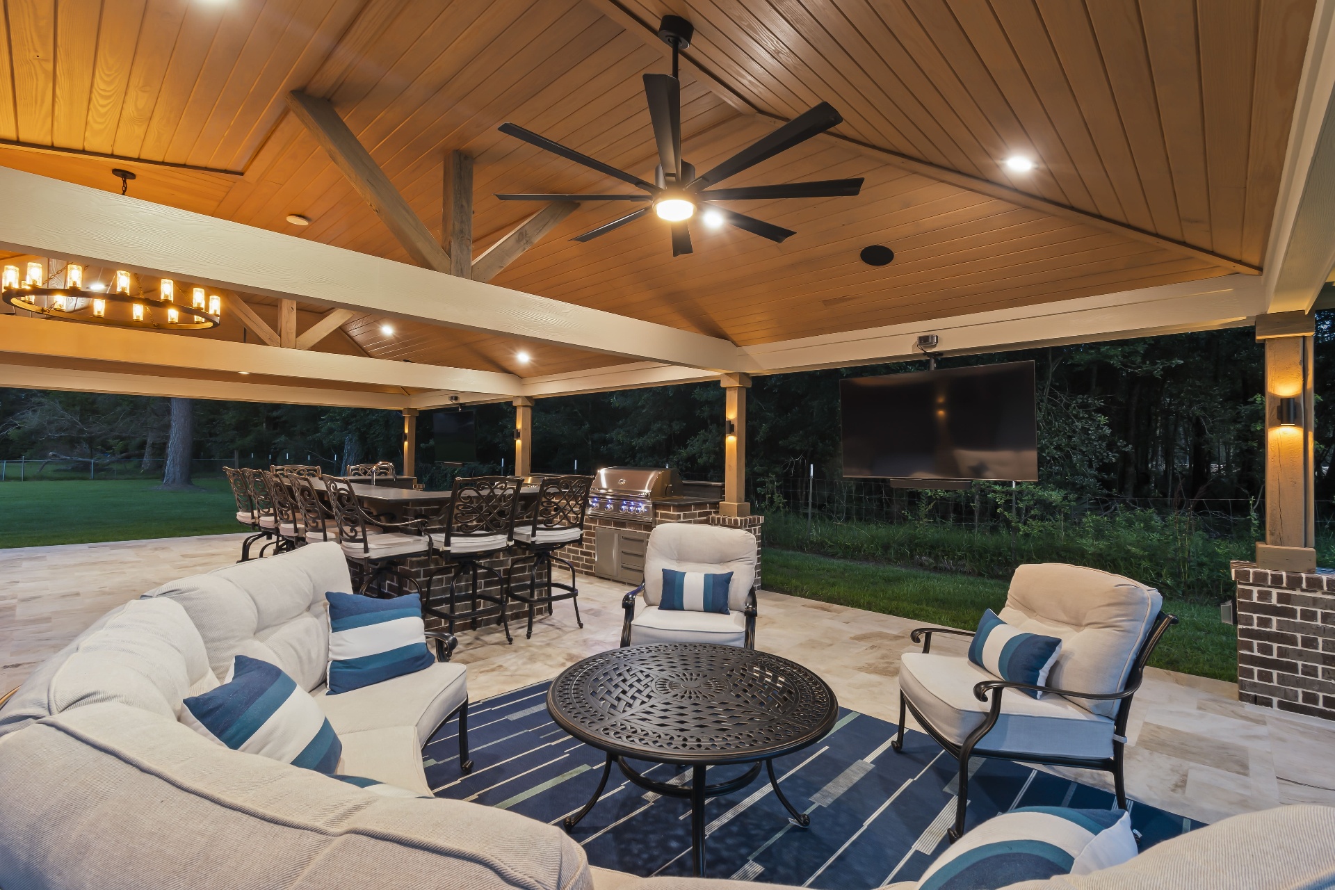 Luxury covered pavilion with outdoor kitchen and lounge
