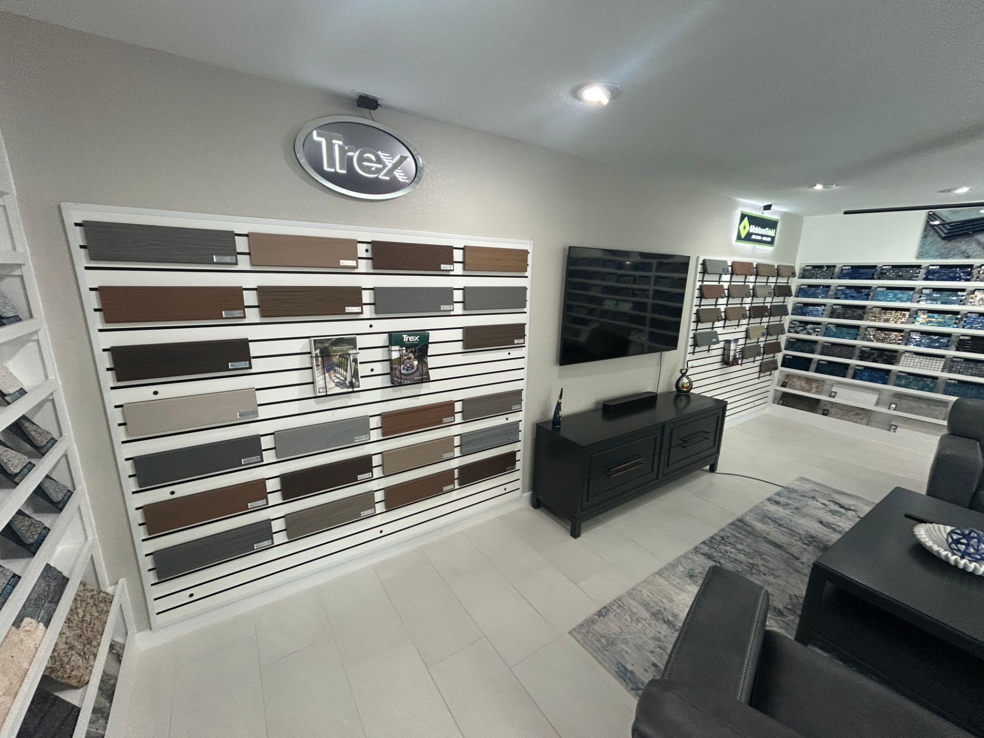 Trex composite decking sample wall inside the Design Center showroom