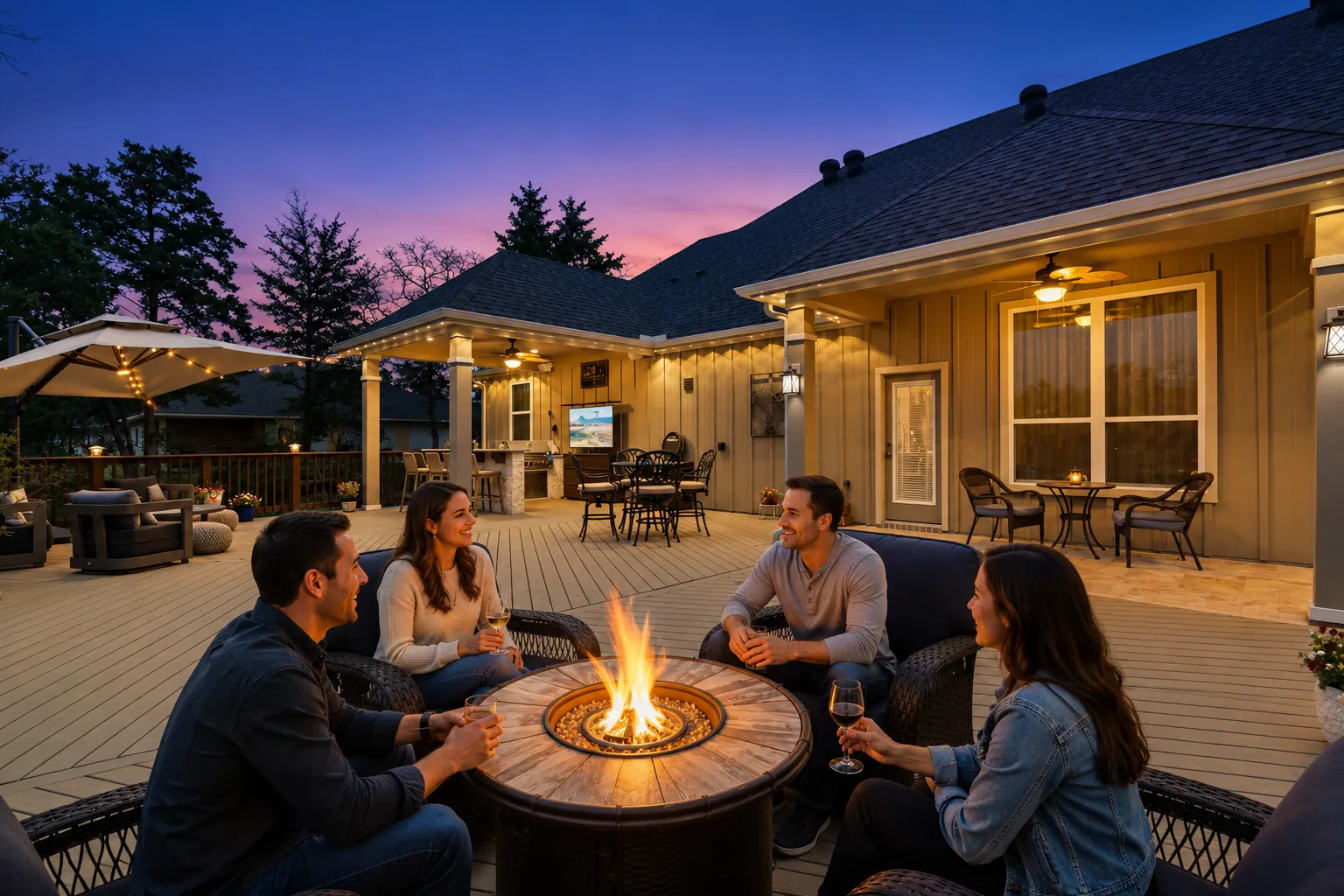 Outdoor fire feature burning on a finished patio in the evening