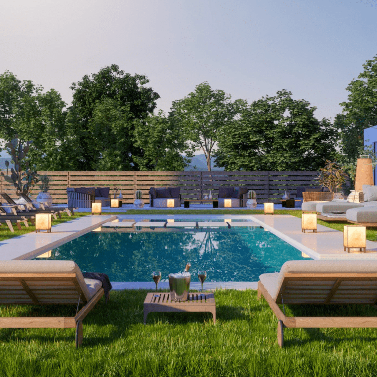 Rectangular pool at dusk with sun ledge, lounge chairs and pergola seating
