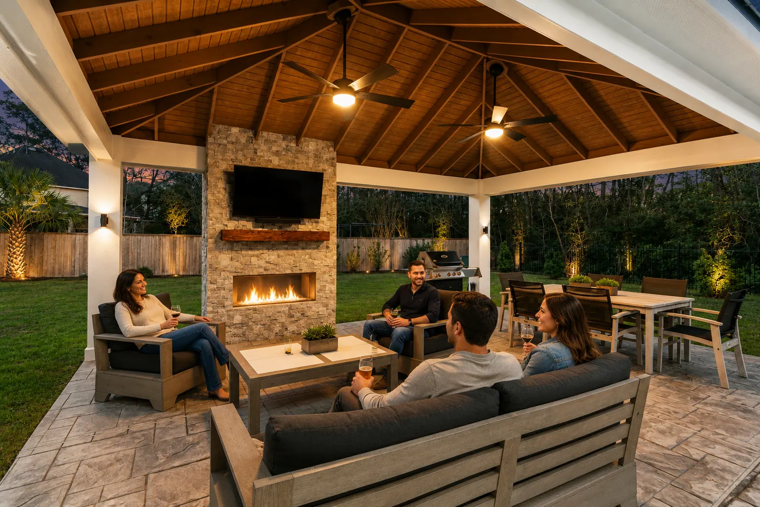 Outdoor fireplace and seating area glowing in a backyard during the evening