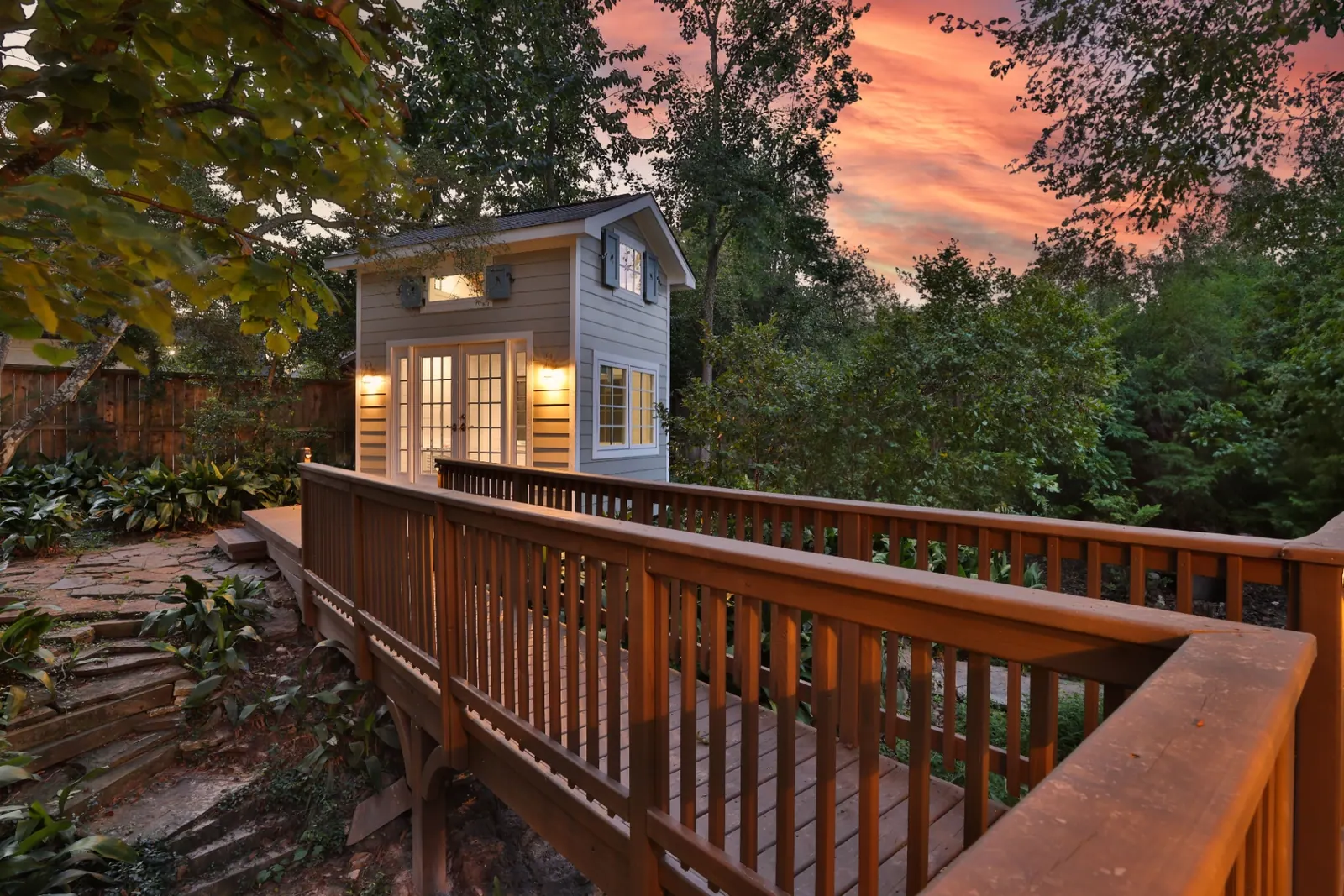 Custom residential deck at dusk