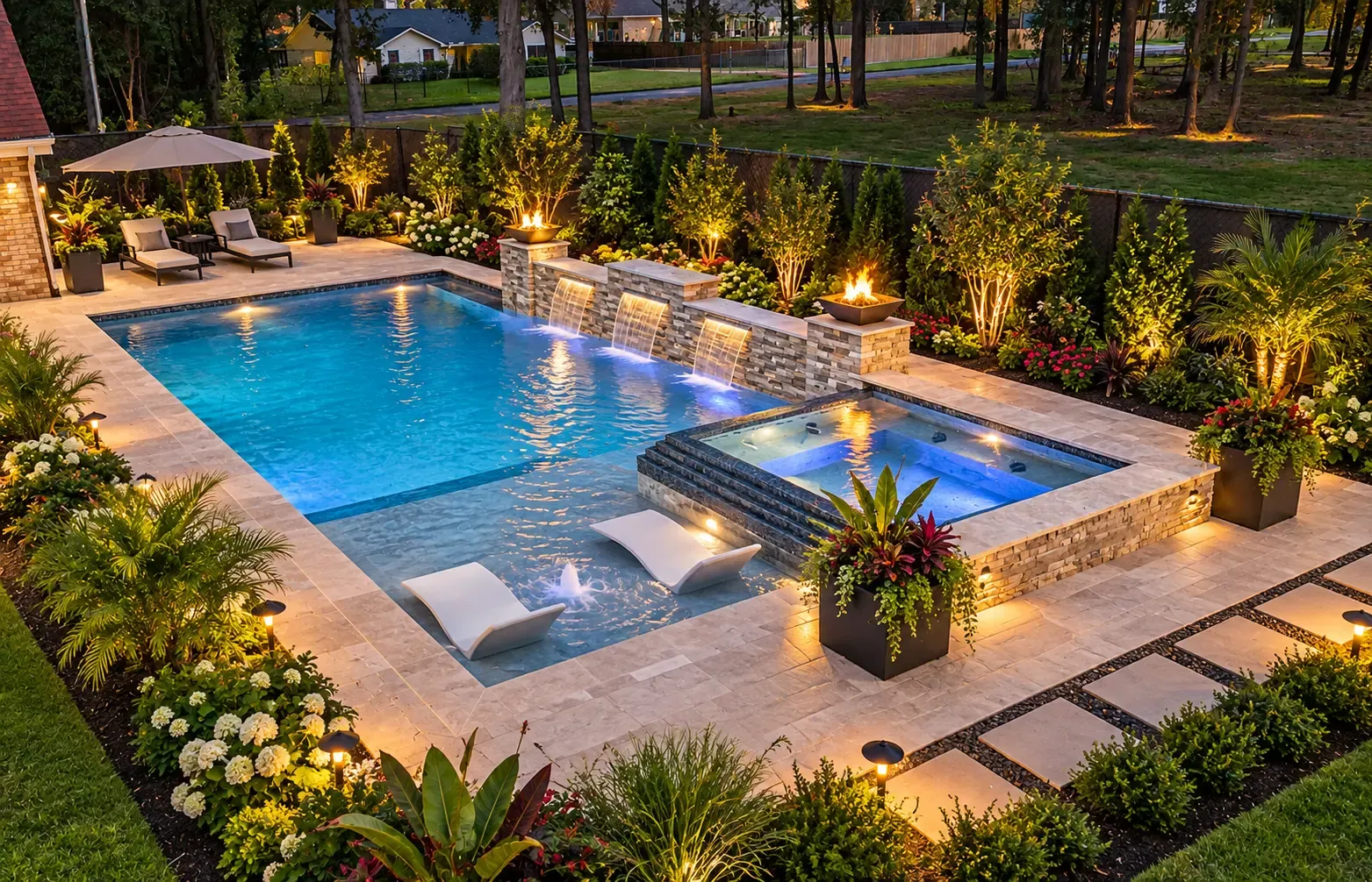 Completed TDAPC pool with fire bowls, raised spa, patio and covered outdoor living