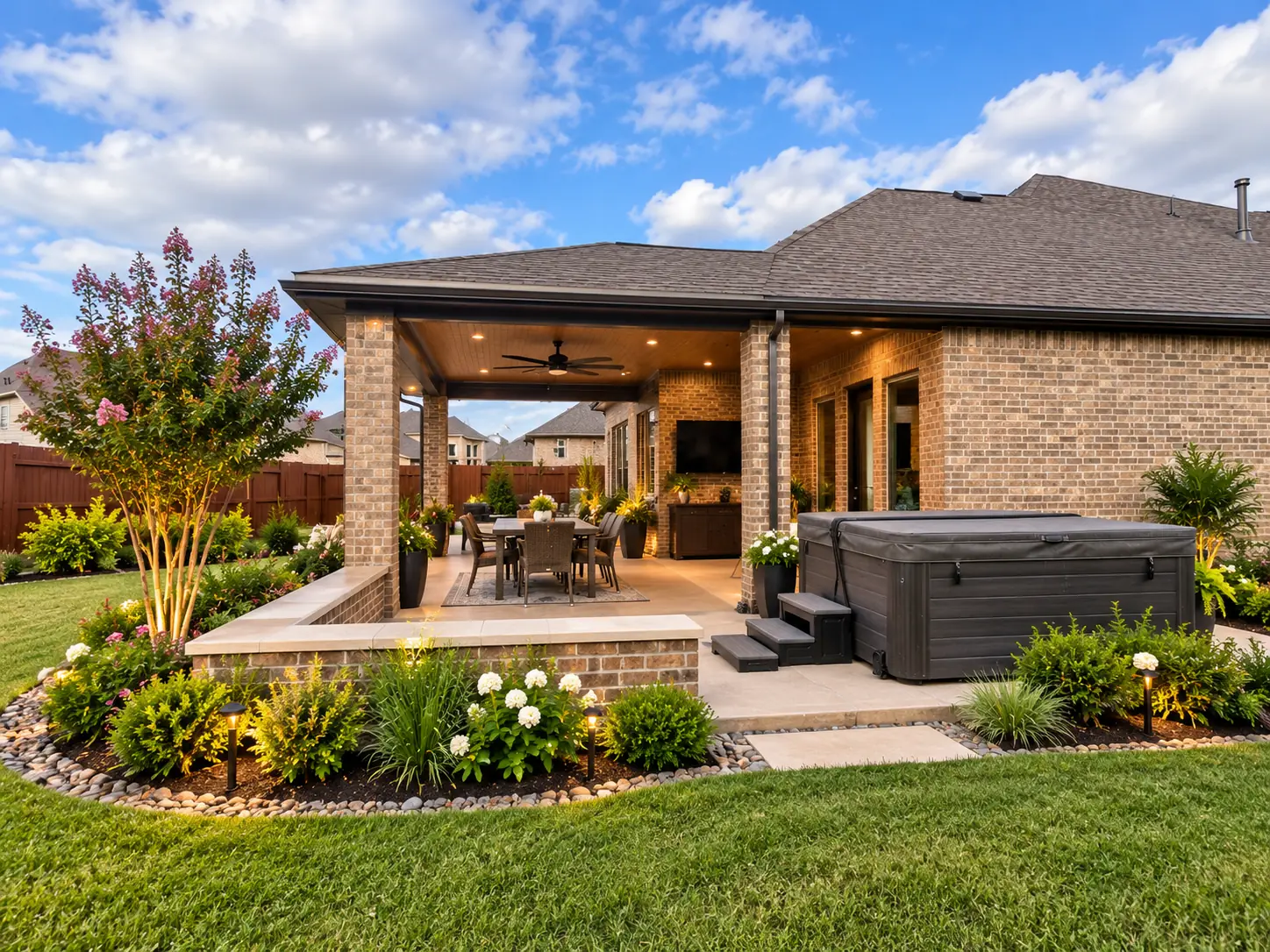 Professionally landscaped backyard with covered patio, hot tub and planting beds