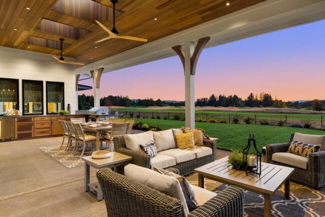 Covered patio with beautiful sunset view