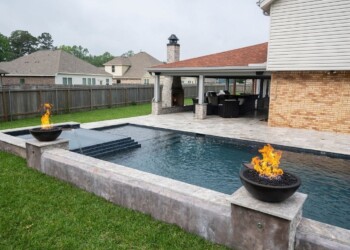 The Deck & Patio Company | Home custom pool with fire feature in houston